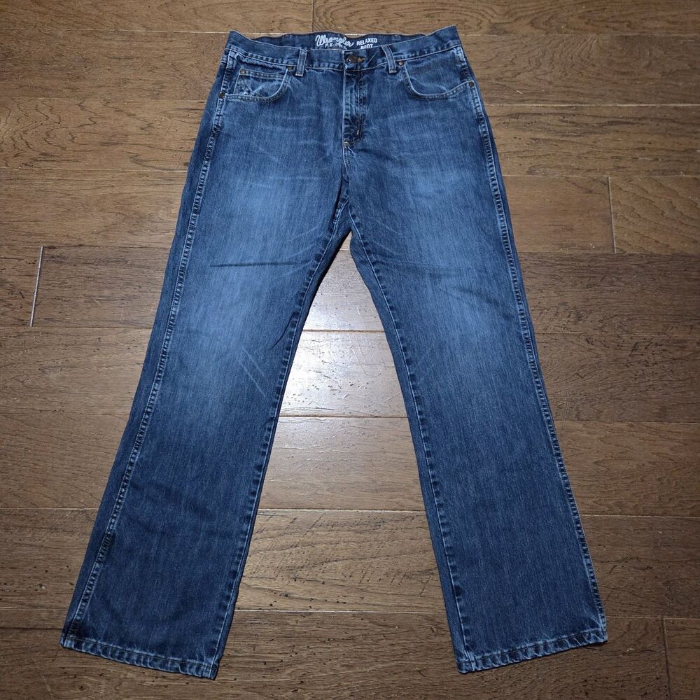 Wrangler Retro Jeans Relaxed Boot Men 36x34 Blue Whiskered Denim Western Cowboy